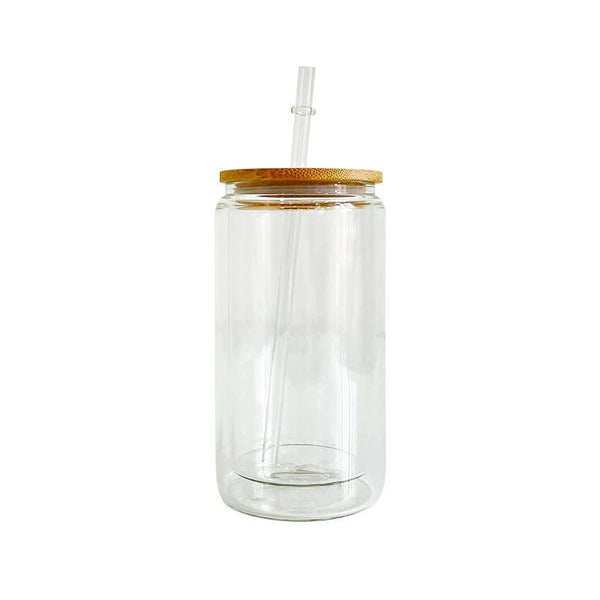 16oz,  Clear Glass Snow Globe, Double Wall, Borosilicated Glass, Bamboo Lid, Vinyl, Sublimation